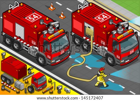 Detailed illustration of a Isometric Firefighter Tank Truck in Front View