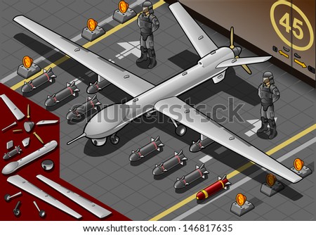Detailed illustration of a Isometric Drone Airplane Landed in Front View with Bombs and Guards