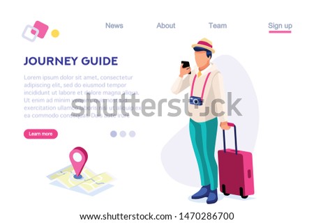 Journey Guide. Person with Luggage. Tourist Collection. Photographing Set, Sight, Art Visiting. Tourism for Young. Travel Clip, Traveling. Cartoon Flat Vector Illustration Hero Images Isometric Banner