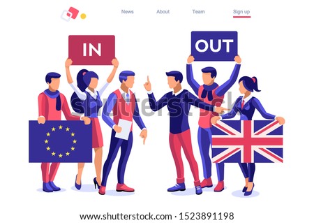 Uk concept United Kingdom banner. Political traditional government country voting anti European Union. Waving politics patriotic international supporters. Humans support separated flag. Cartoon word