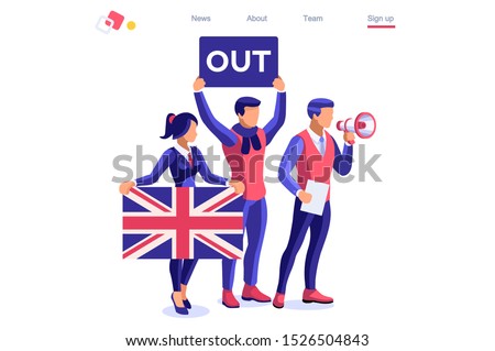 Brexit concept United Kingdom banner. Political traditional government country voting anti European Union. Waving politics patriotic international supporters. Humans support separated Uk flag. Cartoon