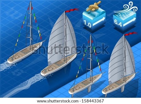 Points of Sail Isometric 3D Flat Style Set. Sail Boat Mainsail Jib Spinnaker in Various Positions. Nautical Ship Collection Build Regatta Infographic or Diagram.Isometric Sail Ship Vector Illustration