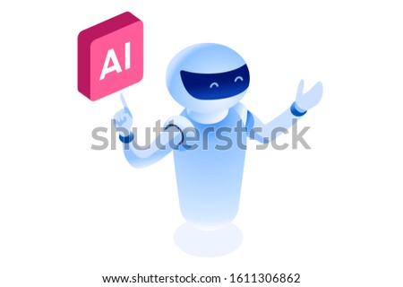 Symbolic artificial intelligent machine, model of website. Intelligence learning lecture from man to robot. Computer science symbol of robotics teaching. Modern page template flat vector illustration.