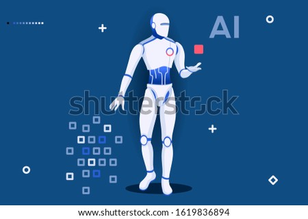 Template for Robotics Learning. Robots on Website Science Page Machine Modern Artificial Engineering Programming Hardware. Engineers Male Intelligence at Diploma Cartoon University Vector Illustration