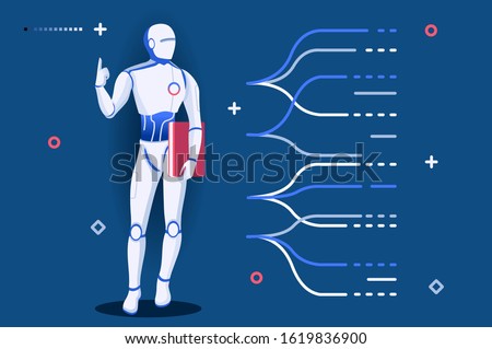 Template for Robotics Learning. Robots on Website Science Page Machine Modern Artificial Engineering Programming Hardware. Engineers Male Intelligence at Diploma Cartoon University Vector Illustration