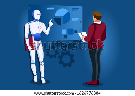 Symbolic artificial intelligent machine, model of website. Intelligence learning lecture from man to robot. Computer science symbol of robotics teaching. Modern page template flat vector illustration.