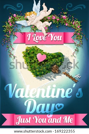 Heart Shaped Tropical Island for Romantic Happy Valentine\'s Day Background.