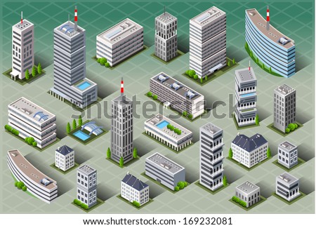 Isometric Building City Palace Private Real Estate. Public Building icon Collection Luxury Hotel Garden. Isometric Tiles. 3d Urban Map Illustration Elements Set Business Vector Game