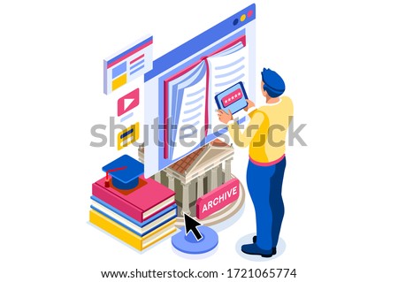 Library reading page for study. Reading dictionary on library, university encyclopedia. Libraries web page, internet archive of books history culture book on internet. Flat cartoon vector illustration