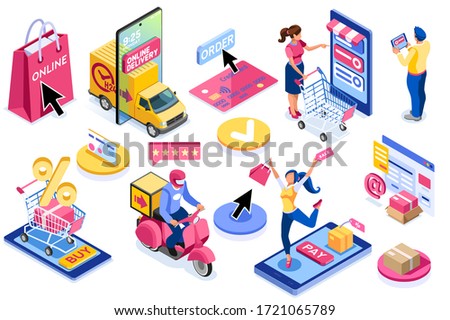 Application for pay, discount on e commerces, online discount. Cart and pay on e-shop application, e commerce cart. E-shop application with purchasing characters and text. Cartoon vector illustration.