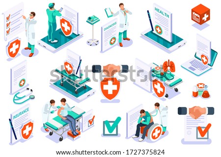 Medicine insurance security care for life. Hospital diagnosis design, health care document filling concept. Document health diagnoses medical insurance. Text and cartoon character vector illustration