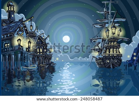 Blue Background Nocturnal Pirate Island with Pirate Galleon Anchored in a Skull Bay Nocturnal View Blue Background. Pirate Cove Blue Background Insight Vector Illustration.