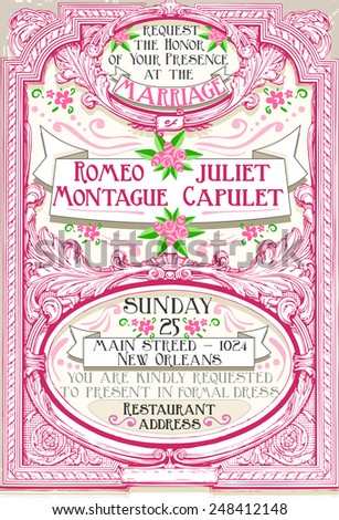 Detailed illustration of a Pink Floral Vintage Wedding Invite