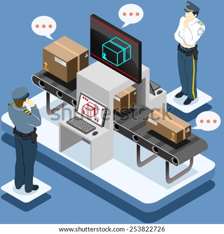 Isometric Infographic Security Check. Luggage passes x-ray check at airport. Airport transport security scan tape portal. Officer computer monitoring baggage. Flat 3d vector isometric illustration