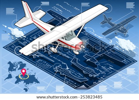 Isometric Infographic Airplane Blue Print. Ultralight Plane Infographics Vector Illustration.