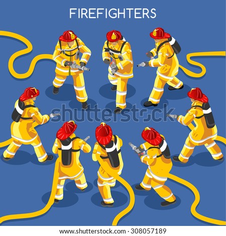 Hero Firefighter Hydrant fire rescue emergency Set. Interacting People Unique Isometric Realistic Pose 3D Isolated Flat Vector Icon Set Vector man Image Drawing Object Picture Graphic Illustration Art
