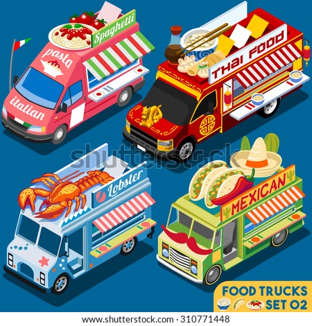 Isometric Food Truck icon set Collection. Food Delivery Master isometric Mexican dish. Chinese food menu cuisine Chef Flat 3d Vector icon Van Truck Set Street Delivery isolated truck icon Illustration