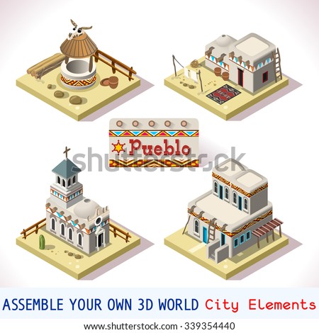 Isometric Building desert indian Rural Pueblo world. Android video game Basic Set Tile Mexican Building. 3D Flat Vector Icon Set. Rural Arizona Mexico south America Building Isolated Collection