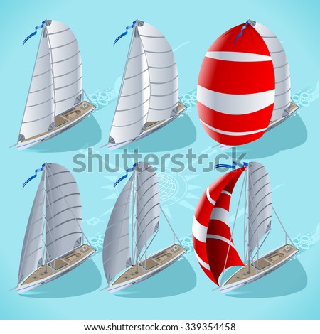 Isometric Vector Infographic Points Sail Isometric 3D Flat Set. Sail Boat Spinnaker in Positions. Nautical Ship Build Regatta Infographic Diagram. Isometric Sail Ship Vector Boat Illustration 