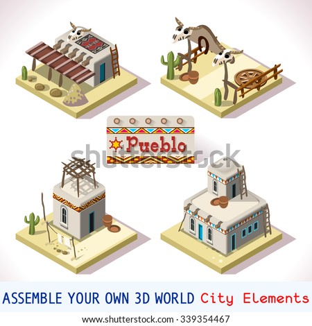 Isometric desert Building Western Rural Pueblo. Basic Set Tiles Mexican Buildings. 3D Flat Vector World Icon Set. Rural Colorado new Mexico south America Building Isolated Vector barren Collection.