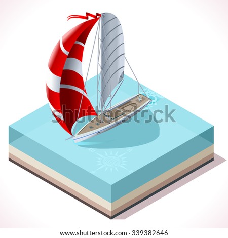 Points of Sail Isometric 3D Flat Style Set. Sail Boat Mainsail Jib Spinnaker in Various Positions. Nautical Ship Collection Build Regatta Infographic or Diagram.Isometric Sail Ship Vector Illustration