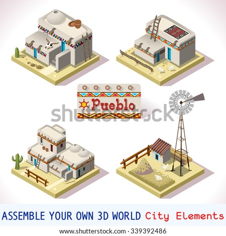Isometric house Building Western Rural Pueblo. Basic Set Tiles Mexican Building. 3D Flat Vector Icon Set. Rural new Mexico clay south America Building Isolated Vector android video game Collection. 