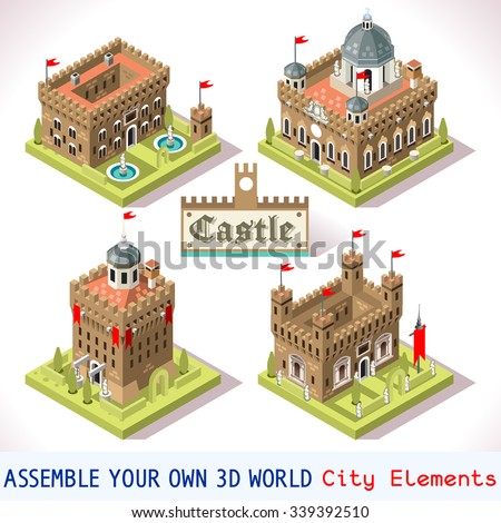 Isometric Castle map Medieval Vector Set city europe Game palace Building. Android Strategic Game. Medieval Isometric Castle Vector 3D Flat map europe landmark Castle Building Flag Tile Set Collection