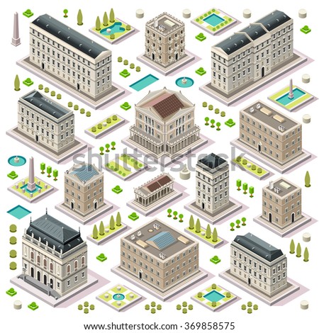 Isometric Building City Palace Private Real Estate. Public Buildings Collection Luxury Hotel Gardens. Isometric Tiles. 3d Urban Building Map Illustration Elements Set Infographic Vector Game Icons