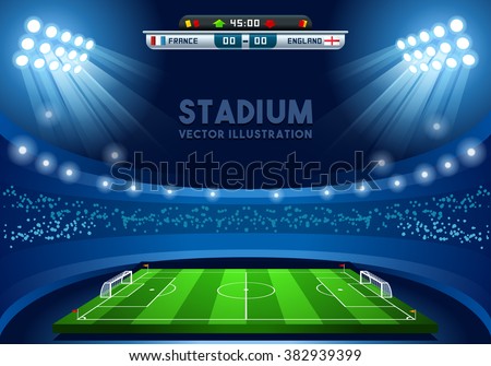 Soccer game Vector Stadium light Score Board Scoreboard Field Background. 3D Stadium Football Infographic Illustration Building Image International Football European Championship Soccer Cup 3D events