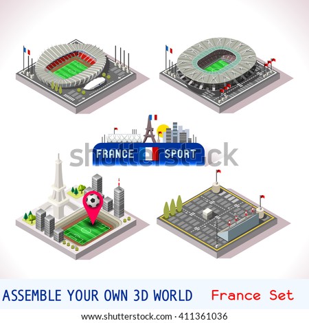 France euro Stadium Soccer arena Icon. Paris Saint Denis Stade.  Flat 3D Vector City Map Isometric Infographic android video Game. Soccer cartoon Building Football Stadium Set Collection Illustration