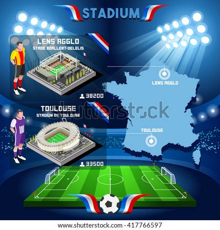 France stadium Stade de Lens Agglo Boallert Delelis Stadium de Toulouse. Soccer Building Stadium Players Athletes.Vector France. EURO Championship Football Game. International Match Illustration.