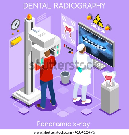Oral radiology health clinic dental panoramic teeth xray radiography imaging dental center dentist & patient. 3D isometric people dentistry clinic room oral treatment medical visit vector illustration
