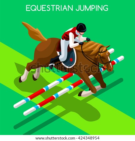 Equestrian Jumping Athletes Sportswoman Games. 3D Isometric Athlete. Sporting Championship People Set Competition. Sport Infographic Equestrian Jumping events Vector Illustration Background