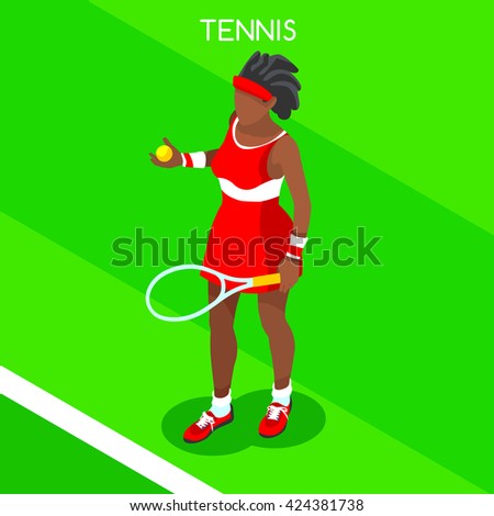 Tennis Player Sportswoman Games Icon Set. 3D Isometric Sporting Championship People Set Match Competition. Sport Infographic events Tennis Player Vector Illustration.