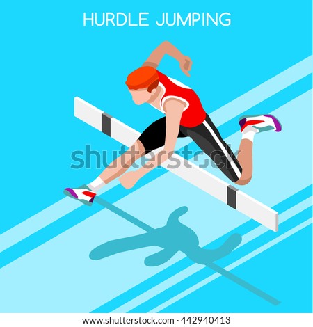 Athlete male run Hurdle long Jump Sportsman Game Icon Set. 3D Isometric Athlete runner. Sport track Athlete international race Competition. Sport Infographic Hurdler Jump olympics Vector People Image