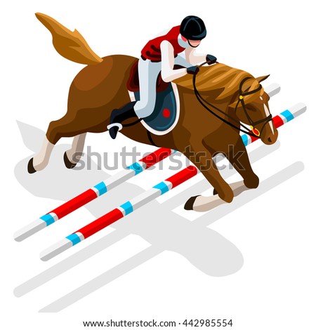 Isometric Equestrian Jumping Athletes Sportswoman Games. 3D Isometric Athlete. Sporting People Set Competition Sport Infographic Equestrian Jumping Isolated Horse events sport Vector Illustration 3D