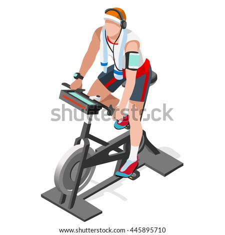Sport Exercise Bike Bicycle Spin Fitness. 3D Flat Isometric Gym Class Cycle equipment icon set. Indoor Exercise Bike Gym Cycle Sport machine Isolated Active People Vector Fitness Workout Collection