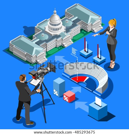 Us Election News infographic. Democrat Republican convention hall. Party presidential debate endorsement. Trump GOP rally 3D flat senate congress tribune pedestal auditorium audience Vector Image