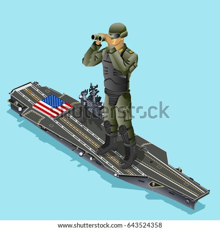 Watching soldier over aircraft carrier of American army US navy. 3D armed Isometric people design vector illustration Stock fotó © 