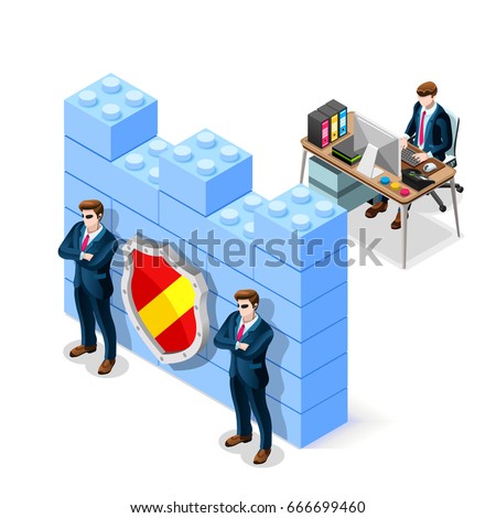 Network security concept with firewall blocks cyber attack spectre meltdown flat isometric vector illustration.