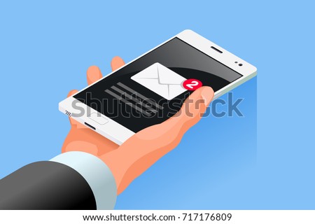 Hand hold mobile cell phone isometric icon vector 3D flat design