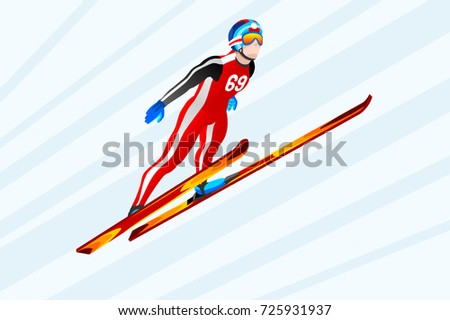 Ski jumping athlete winter sport man vector 3D isometric icon.