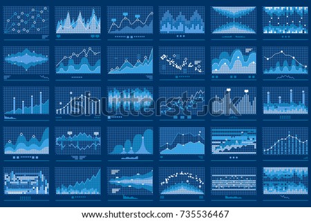 Business data report financial charts. Stock exchange analysis graphics. Growth market trend line vector graphs illustration. Concept of finance information with charts and diagrams.