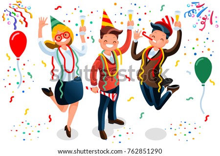 New Year bash. People celebrating party vector illustration. Cool vector flat character design on New Year or Birthday party with male and female characters having fun and having a toast.