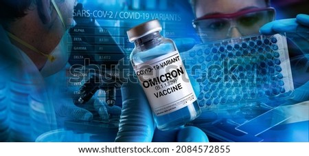 Hand with vial for vaccination for coronavirus Omicron Virus and background with researchers in development of vaccine. Doctor hold the hand Vaccine vial with doses for New Variant of Covid-19 Omicron