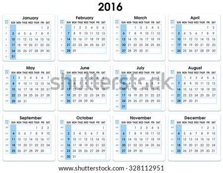 calendar 2016. 12 months, indicating number weeks / 2016 calendar with number weeks