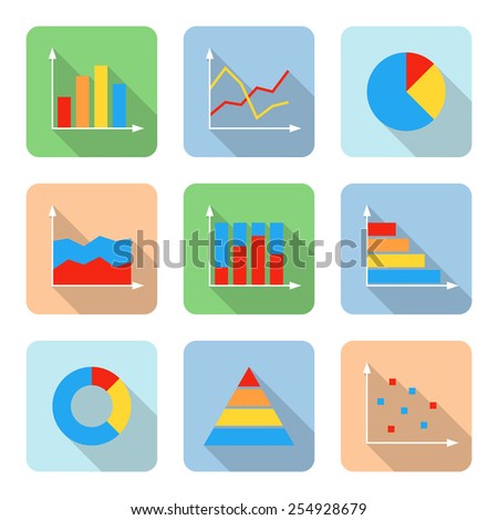 Flat graph icons with long shadows. Vector illustration