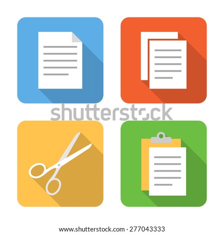 Flat copy, cut and paste icons with long shadows. Vector illustration