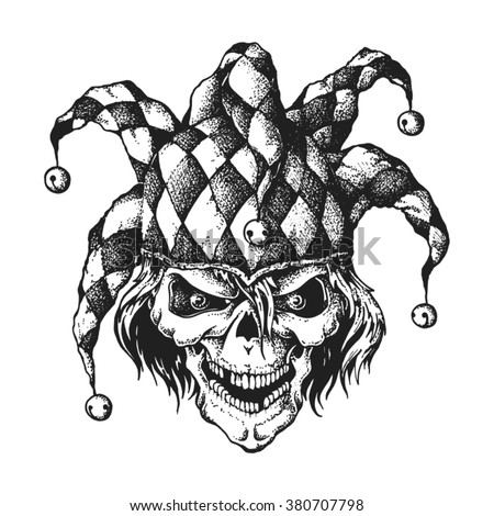 Hand Drawn Jester Skull Wearing Fools Cap Wit Bells. Vector ...