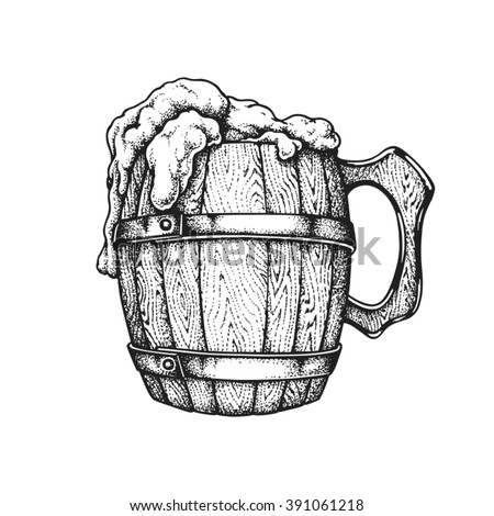 Hand drawn wooden mug full of Irish beer. Saint Patricks Day. Vector illustration